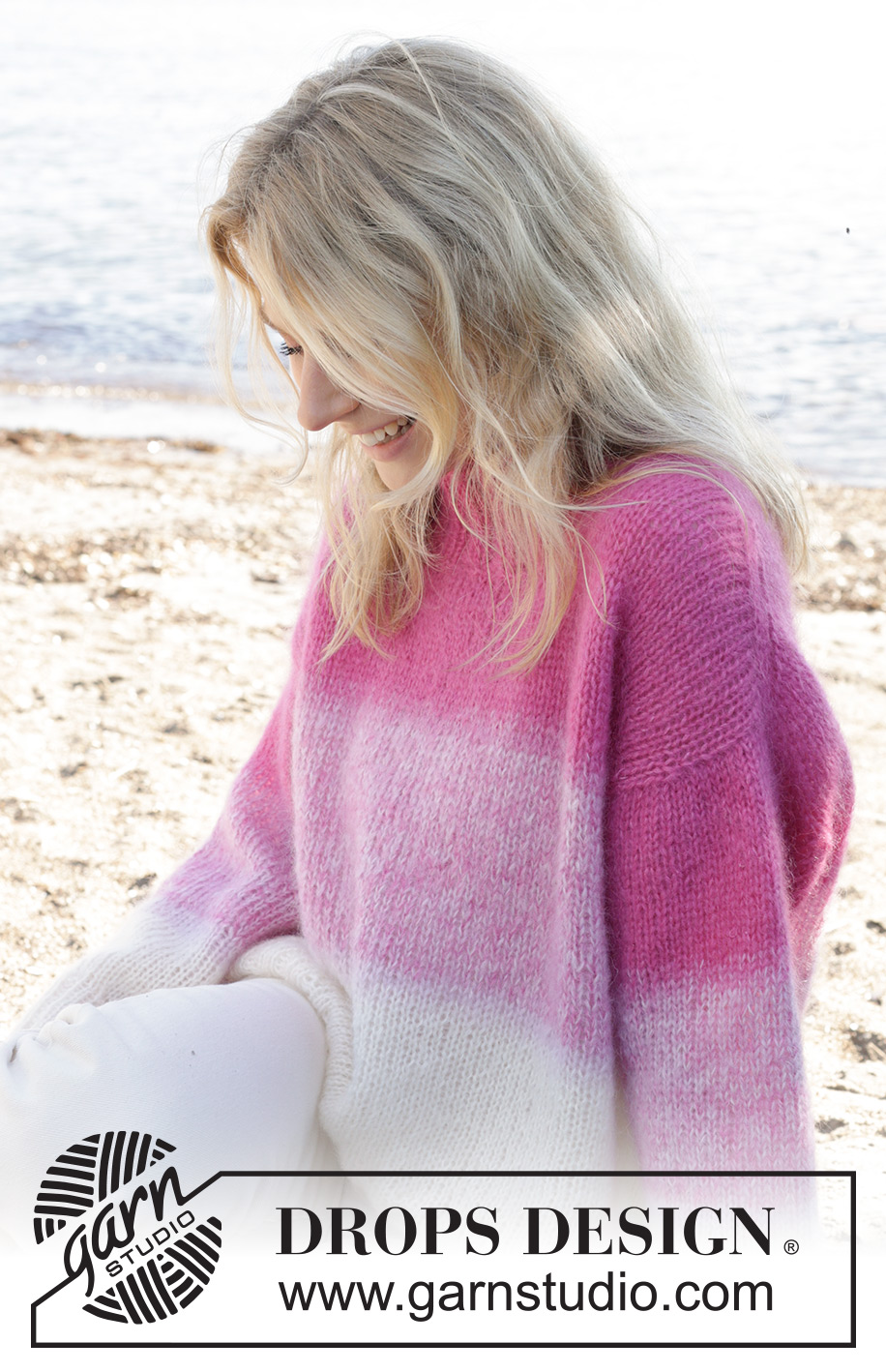 Pink Infusion / DROPS 240-1 - Pull tricoté de haut en bas avec épaules biaisées / européennes et rayures, avec 4 fils DROPS Kid-Silk. Du XS au XXL.