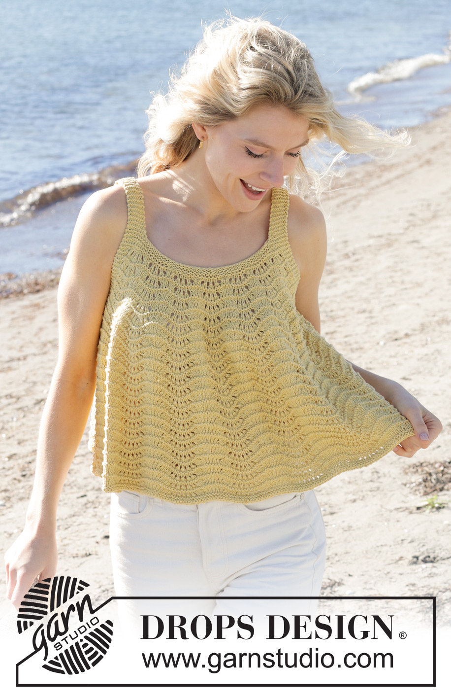 Canary Belle Top / DROPS 240-13 - Knitted top in DROPS Belle. The piece is worked top down with wave-pattern. Sizes XS - XXL.
