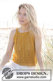 Smiling Honey Top / DROPS 240-14 - Gebreide top in DROPS Safran. Het werk wordt van onder naar boven gebreid met kantpatroon op het voorpand. Maten S - XXXL.