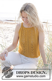 Smiling Honey Top / DROPS 240-14 - Gebreide top in DROPS Safran. Het werk wordt van onder naar boven gebreid met kantpatroon op het voorpand. Maten S - XXXL.