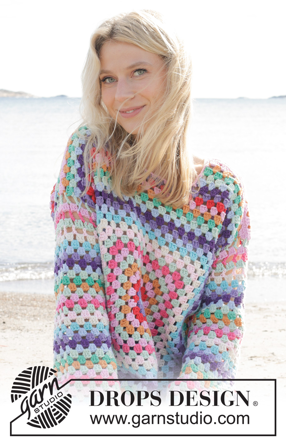 Squared Rainbow / DROPS 240-18 - Crocheted sweater in DROPS Paris. The piece is worked from the middle outwards with squares, stripes and split in sides. Sizes S - XXXL.