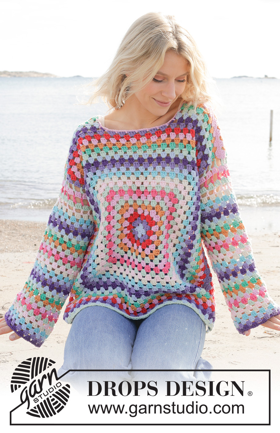 Squared Rainbow / DROPS 240-18 - Crocheted sweater in DROPS Paris. The piece is worked from the middle outwards with squares, stripes and split in sides. Sizes S - XXXL.