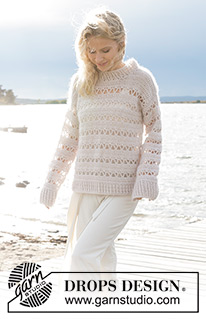 Wave Breaker / DROPS 240-2 - Pull crocheté bas en haut avec point ajouré, en DROPS Flora et DROPS Kid-Silk. Du S au XXXL.