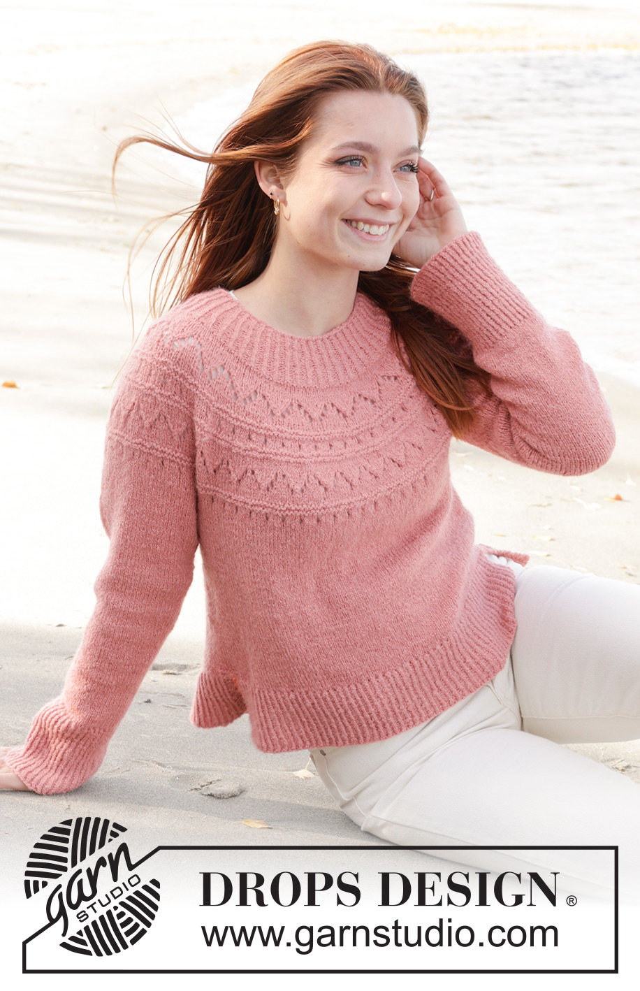 Blushing Rose Sweater / DROPS 240-22 - Knitted jumper in DROPS Sky. The piece is worked top down with round yoke, lace pattern and split in the sides. Sizes S - XXXL.