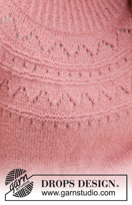 Blushing Rose Sweater / DROPS 240-22 - Knitted jumper in DROPS Sky. The piece is worked top down with round yoke, lace pattern and split in the sides. Sizes S - XXXL.