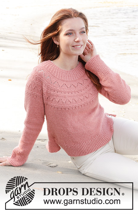 Blushing Rose Sweater / DROPS 240-22 - Knitted jumper in DROPS Sky. The piece is worked top down with round yoke, lace pattern and split in the sides. Sizes S - XXXL.