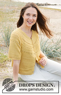 Sun Dream Cardi / DROPS 240-23 - Gestrickte Jacke mit kurzen Ärmeln in DROPS Safran. Die Arbeit wird von oben nach unten mit Rundpasse und Reliefmuster an der Passe gestrickt. Größe S - XXXL.