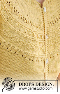 Sun Dream Cardi / DROPS 240-23 - Gestrickte Jacke mit kurzen Ärmeln in DROPS Safran. Die Arbeit wird von oben nach unten mit Rundpasse und Reliefmuster an der Passe gestrickt. Größe S - XXXL.