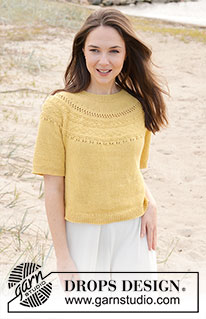 Sun Dream Tee / DROPS 240-24 - Pull tricoté de haut en bas, avec empiècement arrondi en point fantaisie relief et manches courtes, en DROPS Safran. Du S au XXXL.