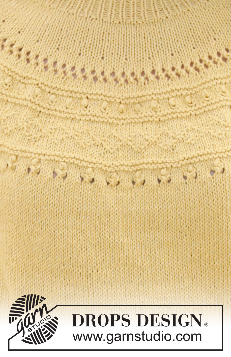 Sun Dream Tee / DROPS 240-24 - Pull tricoté de haut en bas, avec empiècement arrondi en point fantaisie relief et manches courtes, en DROPS Safran. Du S au XXXL.