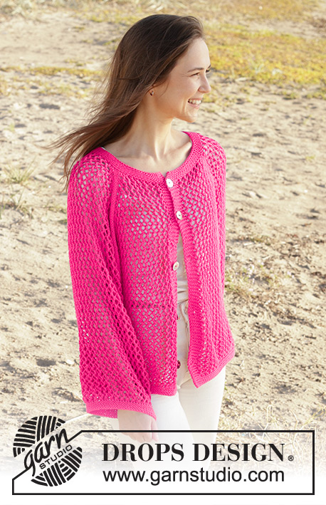 Feel the Beat Cardigan / DROPS 240-25 - Chaqueta de punto en DROPS Cotton Light. La pieza está tejida de arriba hacia abajo con raglán y patrón de calados. Tallas XS – XXL.