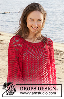 Red Mistery / DROPS 240-26 - Jersey de punto en DROPS Cotton Light. La pieza está tejida de arriba hacia abajo con raglán, patrón de calados y abertura en los lados. Tallas XS – XXL.