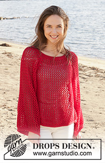 Red Mistery / DROPS 240-26 - Jersey de punto en DROPS Cotton Light. La pieza está tejida de arriba hacia abajo con raglán, patrón de calados y abertura en los lados. Tallas XS – XXL.