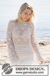 Shell Seeker Sweater / DROPS 240-3 - Jersey a ganchillo en DROPS Belle. La pieza está elaborada de abajo hacia arriba con patrón de calados y motas. Tallas S – XXXL.