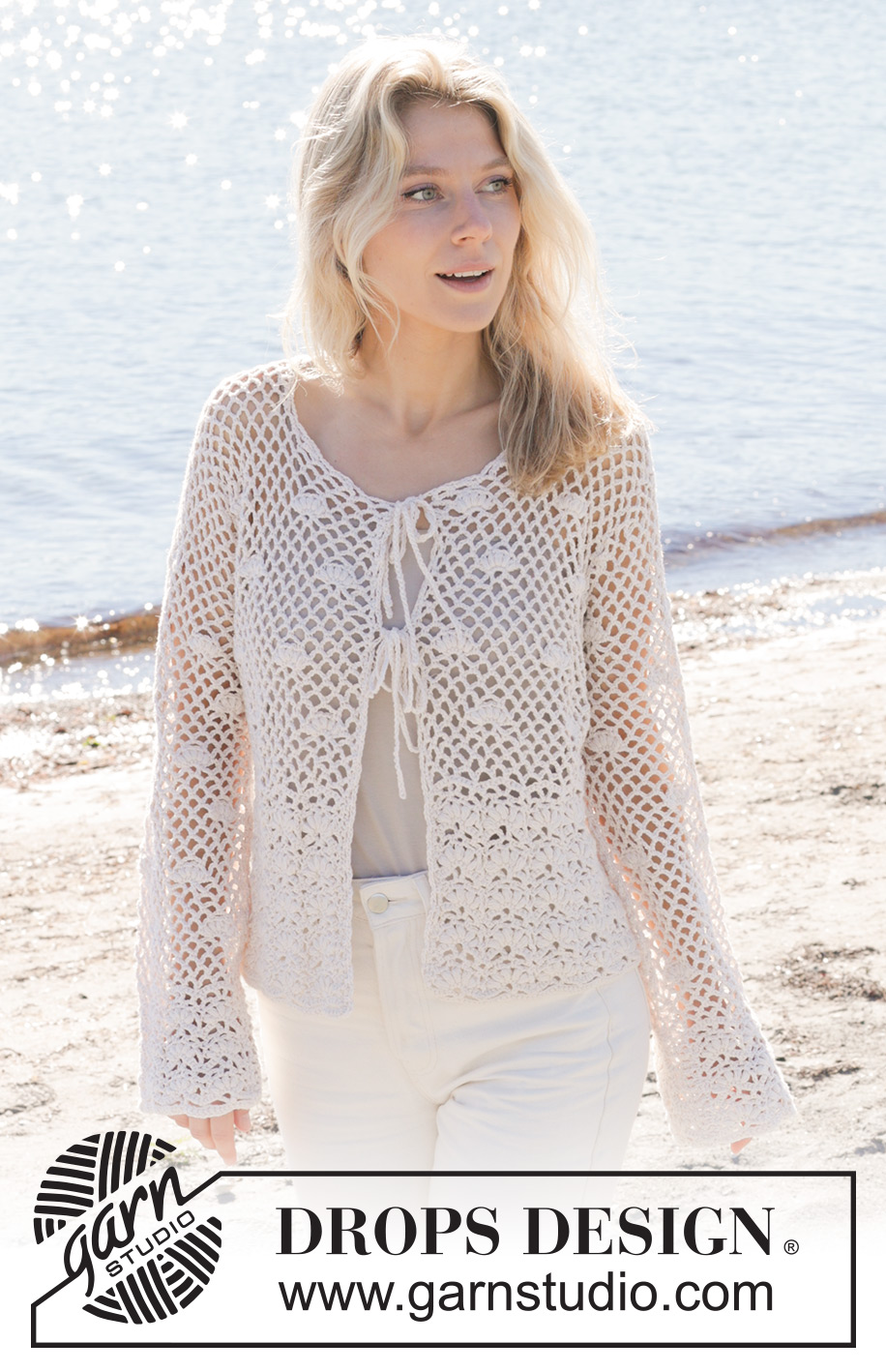 Shell Seeker Cardigan / DROPS 240-4 - Virkad kofta i DROPS Belle. Arbetet virkas nedifrån och upp med hålmönster och muscher. Storlek S - XXXL.