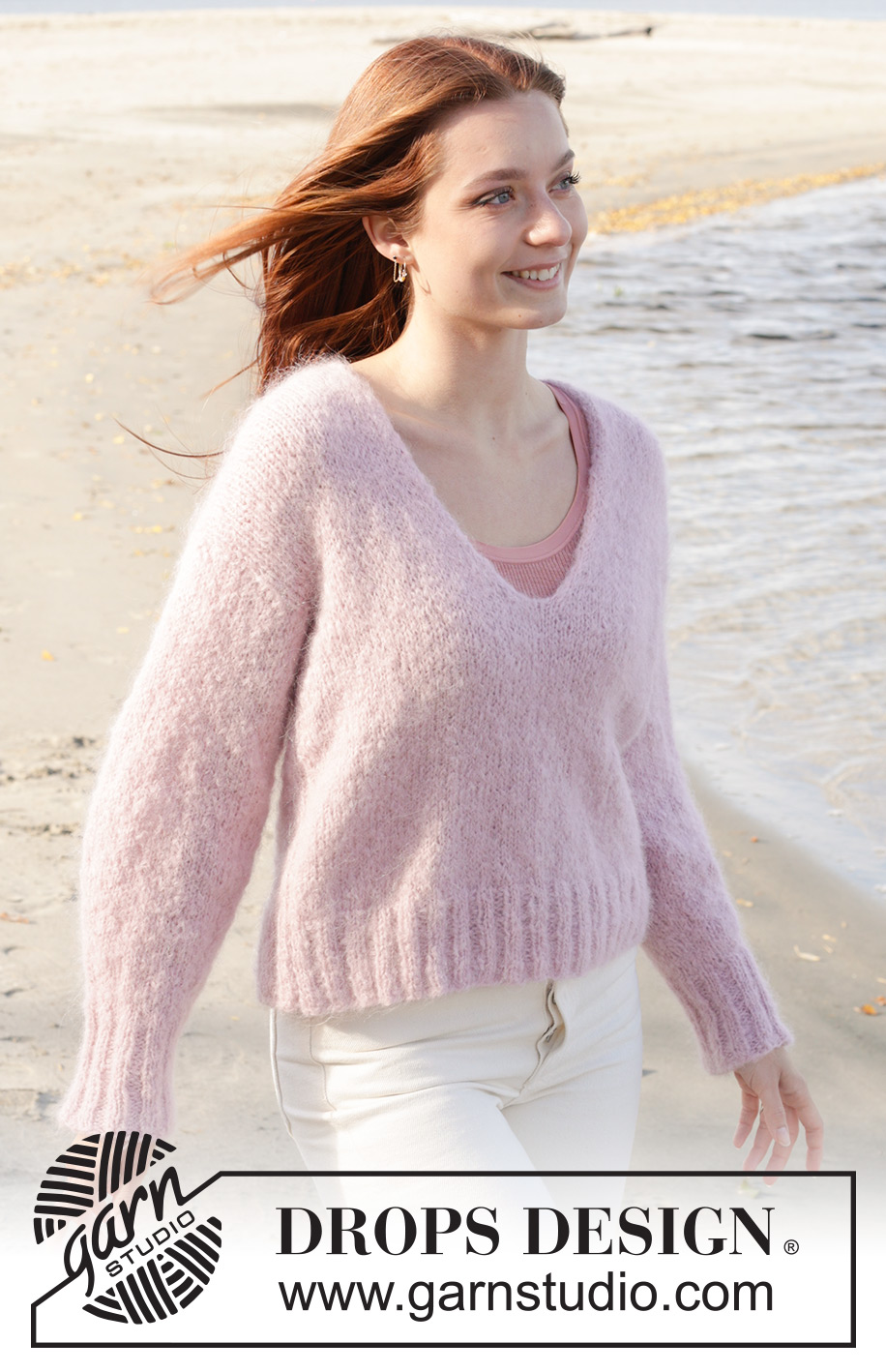 Climbing Rose Sweater / DROPS 240-5 - Sweter na drutach, przerabiany od dołu do góry dżersejem, z dekoltem V, z włóczki DROPS Melody. Od XS do XXL.