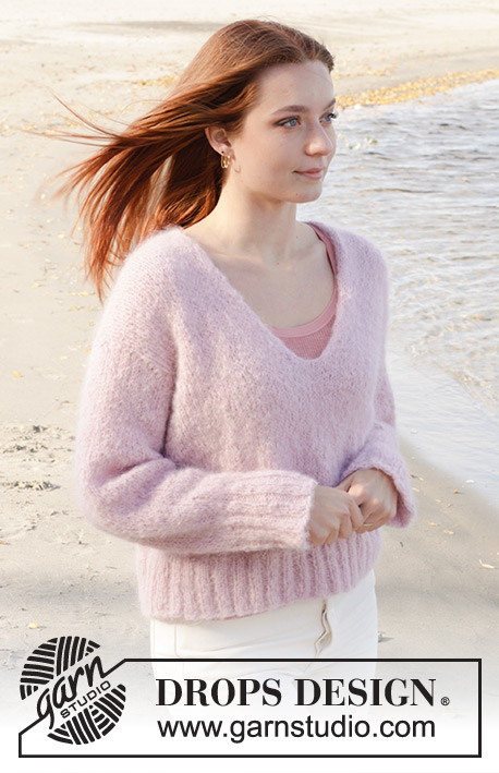 Climbing Rose Sweater / DROPS 240-5 - Sweter na drutach, przerabiany od dołu do góry dżersejem, z dekoltem V, z włóczki DROPS Melody. Od XS do XXL.