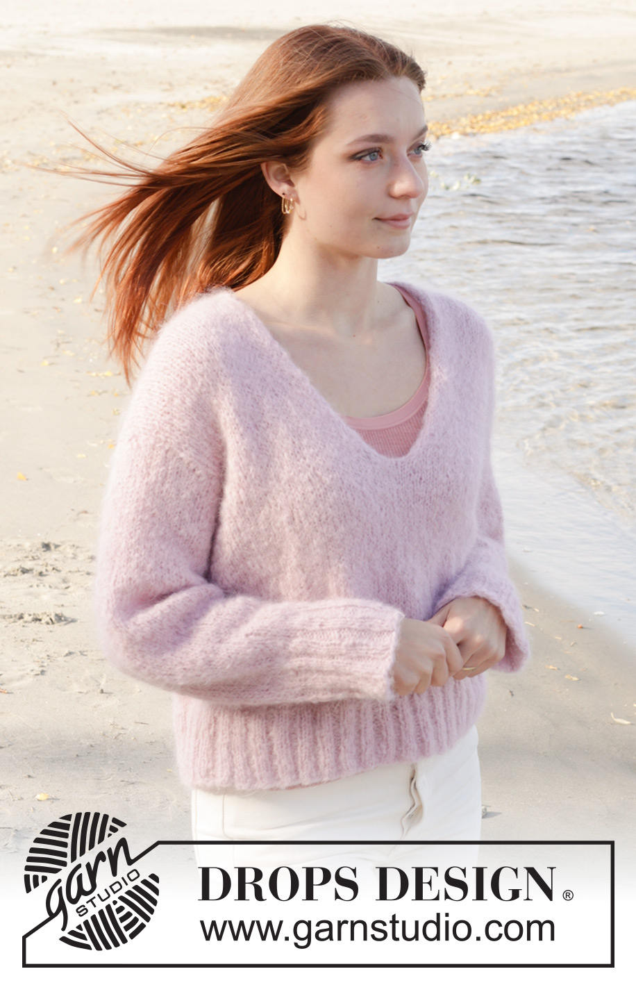 Climbing Rose Sweater / DROPS 240-5 - Sweter na drutach, przerabiany od dołu do góry dżersejem, z dekoltem V, z włóczki DROPS Melody. Od XS do XXL.