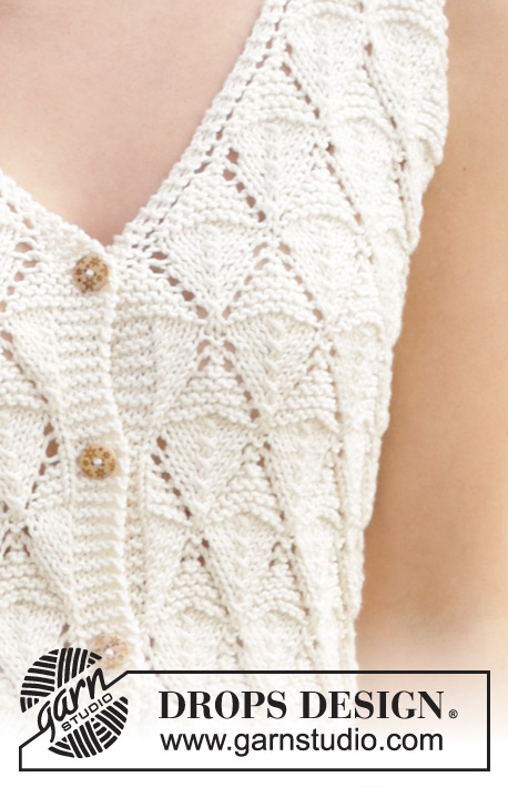 Dazzling Diamonds Vest / DROPS 240-7 - Top tricotado de cima para baixo com alças, ponto rendado e botões, em DROPS Muskat ou DROPS Cotton Merino. Do S ao XXXL
