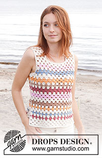 Beach Glass Top / DROPS 240-9 - Crocheted top in DROPS Paris. Piece is crocheted from bottom up with stripes and vents in the sides. Size XS – XXL.