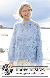 Blue Porcelain / DROPS 241-1 - Strikket genser i DROPS BabyMerino og DROPS Kid-Silk. Arbeidet strikkes ovenfra og ned med europeisk skulder / skrå skulder og hullmønster. Størrelse S - XXXL.