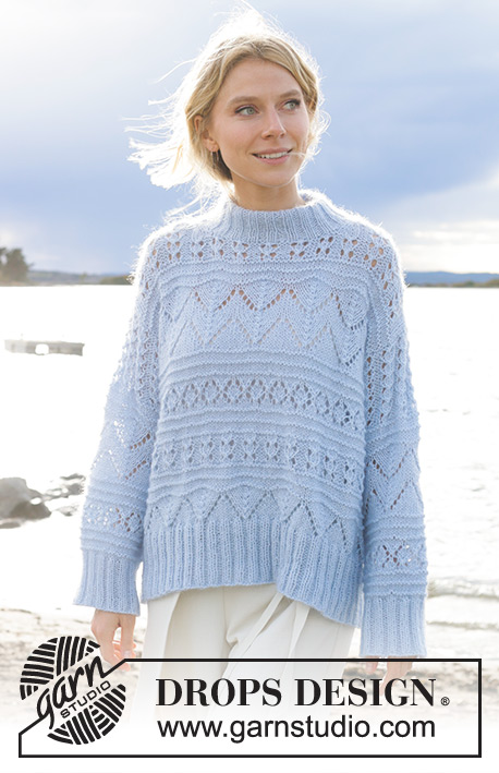 Blue Porcelain / DROPS 241-1 - Strikket genser i DROPS BabyMerino og DROPS Kid-Silk. Arbeidet strikkes ovenfra og ned med europeisk skulder / skrå skulder og hullmønster. Størrelse S - XXXL.