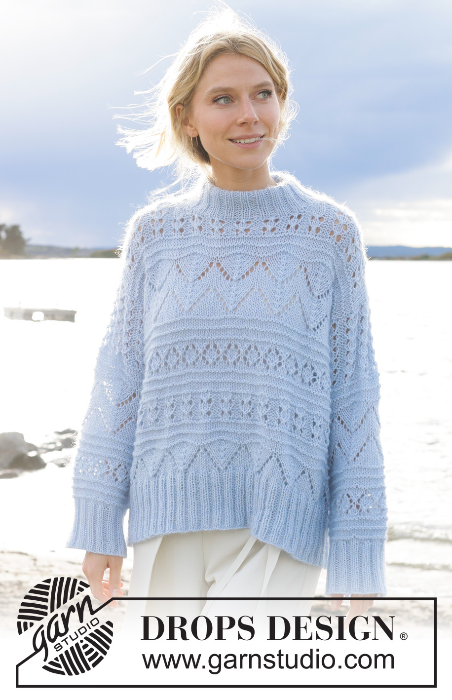 Blue Porcelain / DROPS 241-1 - Strikket genser i DROPS BabyMerino og DROPS Kid-Silk. Arbeidet strikkes ovenfra og ned med europeisk skulder / skrå skulder og hullmønster. Størrelse S - XXXL.