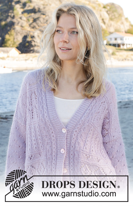 Fabled Harbour Cardigan / DROPS 241-10 - DROPS Kid-Silk ja DROPS Alpaca lõngadest alt üles kootud pitsmustriga kardigan suurustele S kuni XXXL