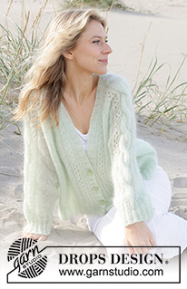 Sweet Spring Cardigan / DROPS 241-11 - Knitted jacket in 2 strands DROPS Kid-Silk. The piece is worked top down with raglan, V-neck, cables and lace pattern. Sizes S - XXXL.