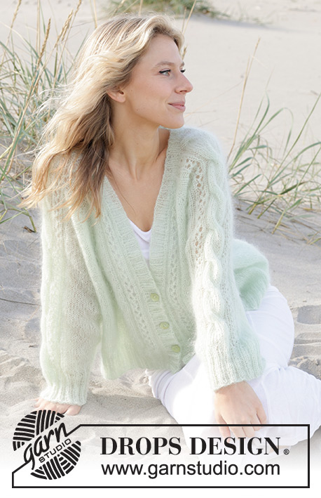 Sweet Spring Cardigan / DROPS 241-11 - Knitted jacket in 2 strands DROPS Kid-Silk. The piece is worked top down with raglan, V-neck, cables and lace pattern. Sizes S - XXXL.