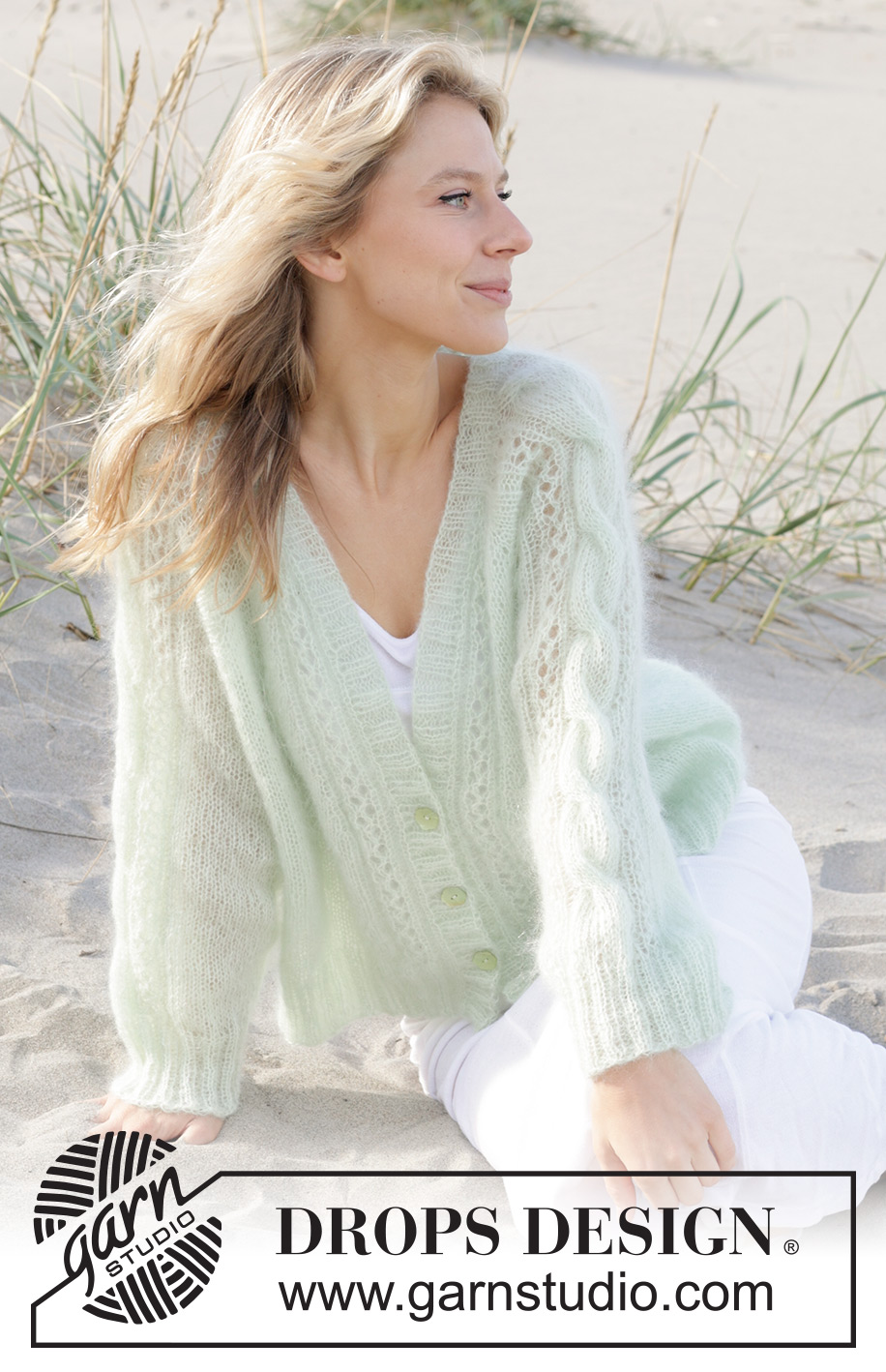 Sweet Spring Cardigan / DROPS 241-11 - Knitted jacket in 2 strands DROPS Kid-Silk. The piece is worked top down with raglan, V-neck, cables and lace pattern. Sizes S - XXXL.