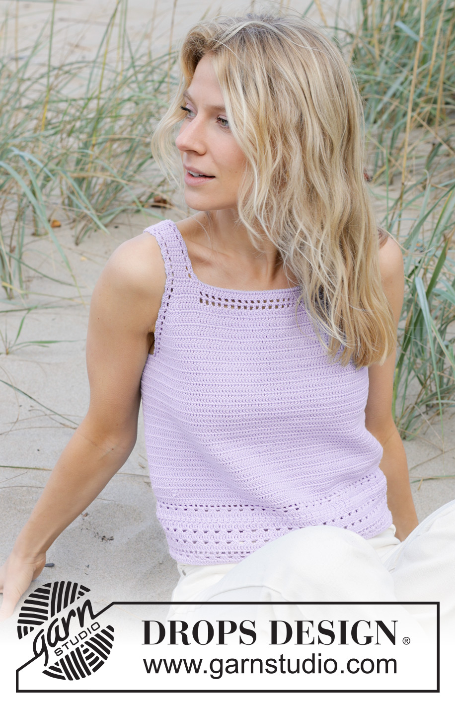 Scent of Lilac / DROPS 241-12 - Top crocheté de haut en bas avec point ajouré, en DROPS Safran. Du S au XXXL.