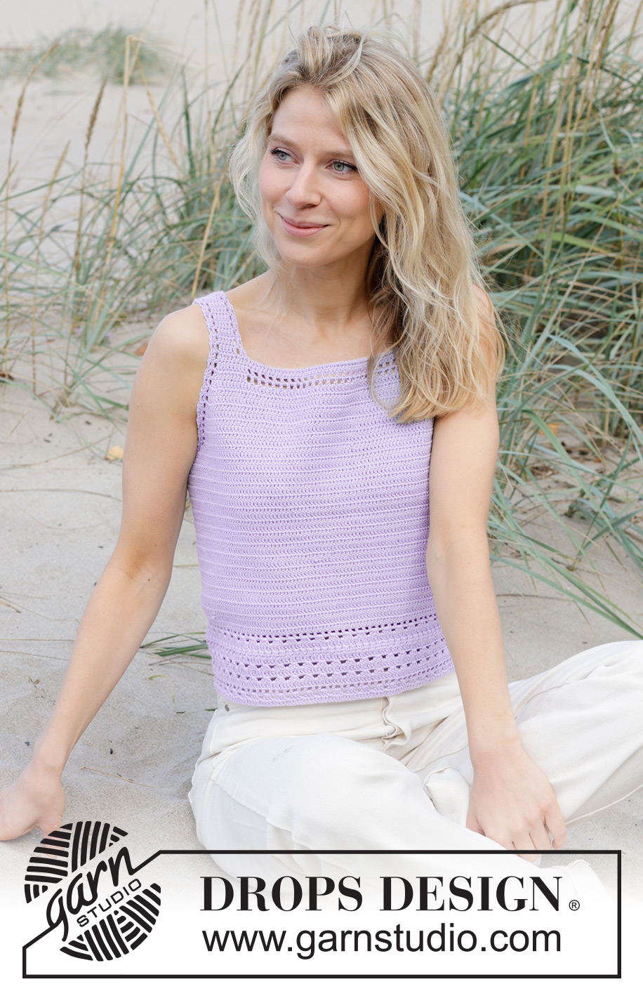 Scent of Lilac / DROPS 241-12 - Top crocheté de haut en bas avec point ajouré, en DROPS Safran. Du S au XXXL.