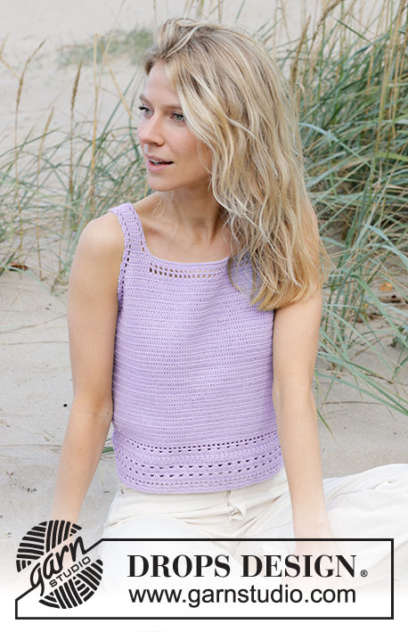 Scent of Lilac / DROPS 241-12 - Top crocheté de haut en bas avec point ajouré, en DROPS Safran. Du S au XXXL.