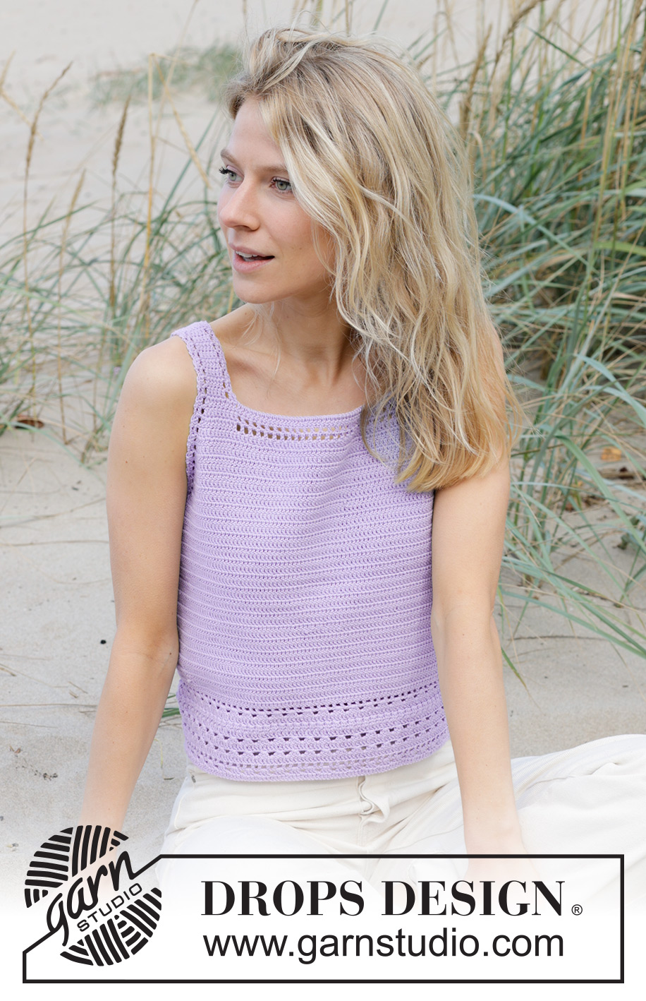 Scent of Lilac / DROPS 241-12 - Top crocheté de haut en bas avec point ajouré, en DROPS Safran. Du S au XXXL.