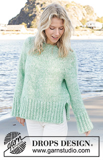 Mellow Mint / DROPS 241-14 - Gestrickter Pullover in 1 Faden DROPS Air und 2 Fäden DROPS Kid-Silk. Die Arbeit wird von oben nach unten mit Rundpasse und Seitenschlitzen gestrickt. Größe S - XXXL.