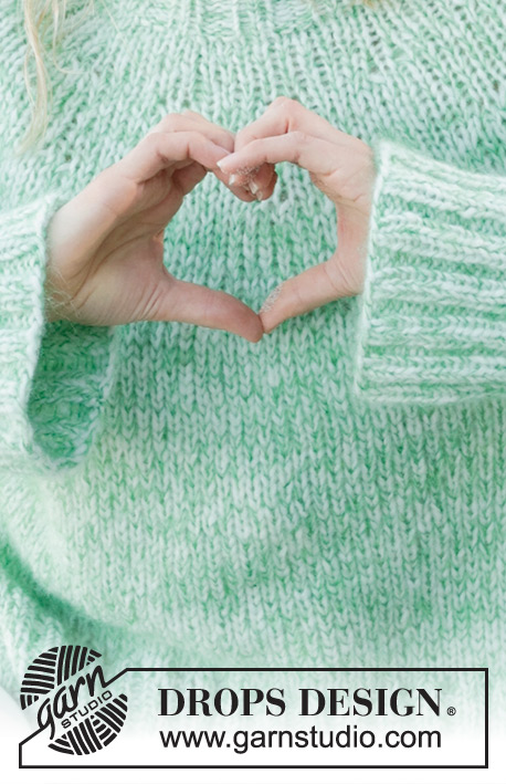 Mellow Mint / DROPS 241-14 - Gestrickter Pullover in 1 Faden DROPS Air und 2 Fäden DROPS Kid-Silk. Die Arbeit wird von oben nach unten mit Rundpasse und Seitenschlitzen gestrickt. Größe S - XXXL.