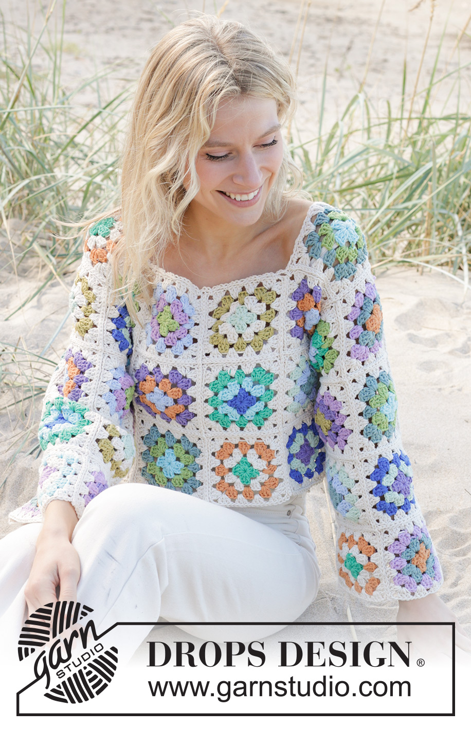 Garden Squares Sweater / DROPS 241-16 - DROPS Paris lõngast heegeldatud vanaemaruutudega džemper suurustele S kuni XXXL