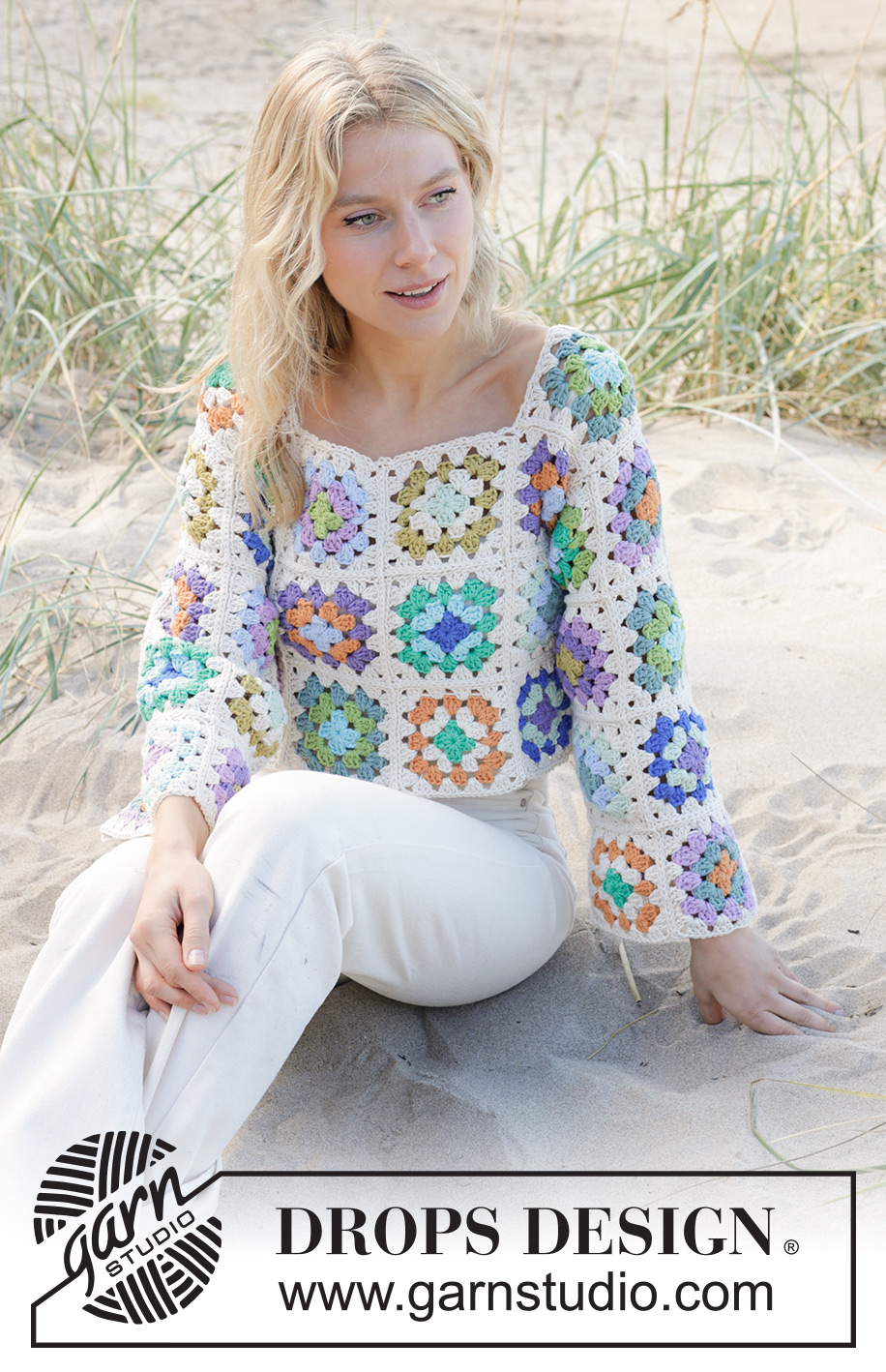 Garden Squares Sweater / DROPS 241-16 - DROPS Paris lõngast heegeldatud vanaemaruutudega džemper suurustele S kuni XXXL