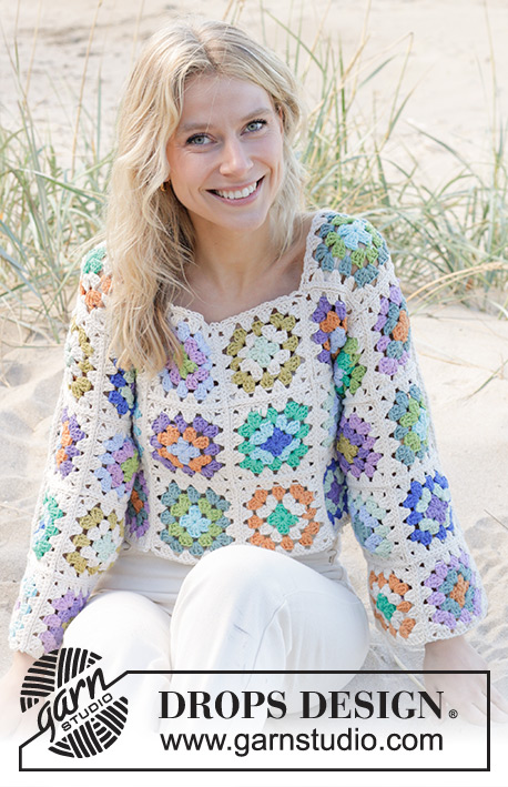 Garden Squares Sweater / DROPS 241-16 - DROPS Paris lõngast heegeldatud vanaemaruutudega džemper suurustele S kuni XXXL