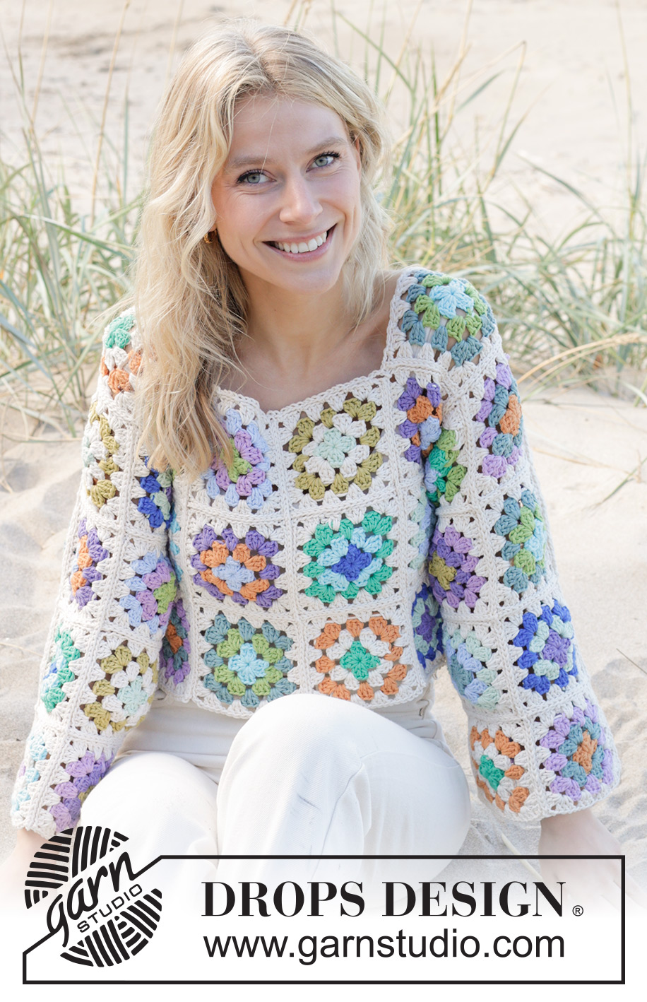 Garden Squares Sweater / DROPS 241-16 - DROPS Paris lõngast heegeldatud vanaemaruutudega džemper suurustele S kuni XXXL