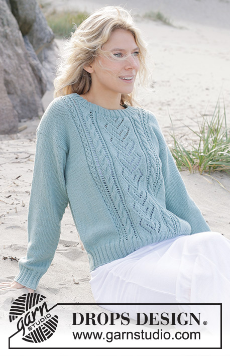 Celtic Harmony / DROPS 241-17 - Pull tricoté de bas en haut avec torsades et point ajouré, en DROPS Merino Extra Fine ou DROPS Cotton Merino. Du S au XXXL