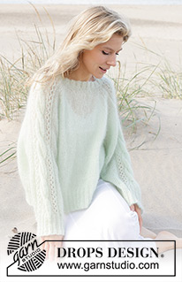 Sweet Spring / DROPS 241-2 - Gestrickter Pullover in 2 Fäden DROPS Kid-Silk. Die Arbeit wird von oben nach unten mit Raglan, Zopfmuster und Lochmuster gestrickt. Größe S - XXXL.