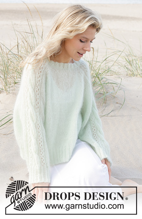 Sweet Spring / DROPS 241-2 - Gestrickter Pullover in 2 Fäden DROPS Kid-Silk. Die Arbeit wird von oben nach unten mit Raglan, Zopfmuster und Lochmuster gestrickt. Größe S - XXXL.