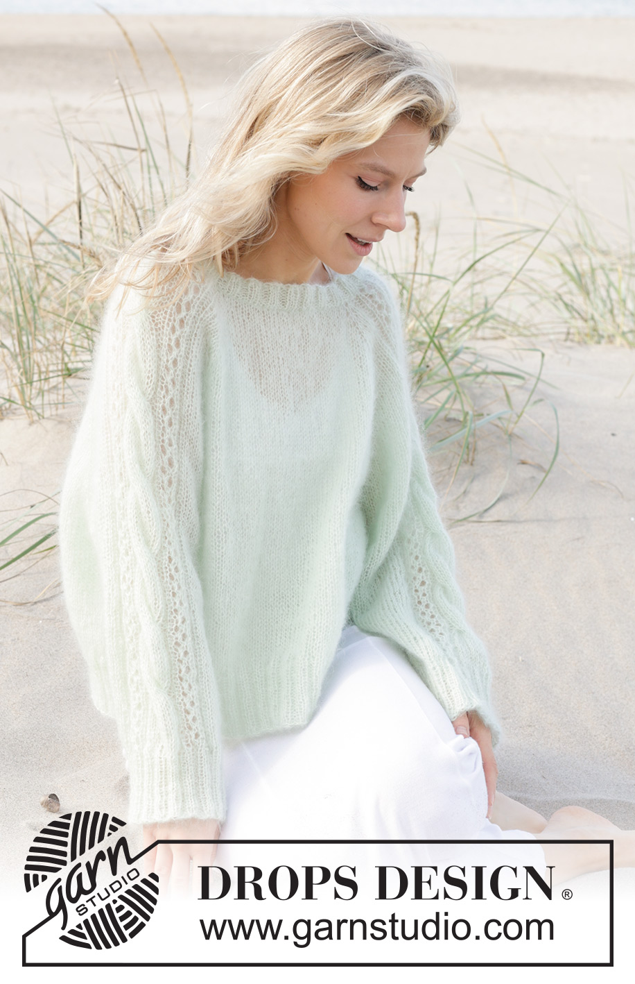 Sweet Spring / DROPS 241-2 - Gestrickter Pullover in 2 Fäden DROPS Kid-Silk. Die Arbeit wird von oben nach unten mit Raglan, Zopfmuster und Lochmuster gestrickt. Größe S - XXXL.