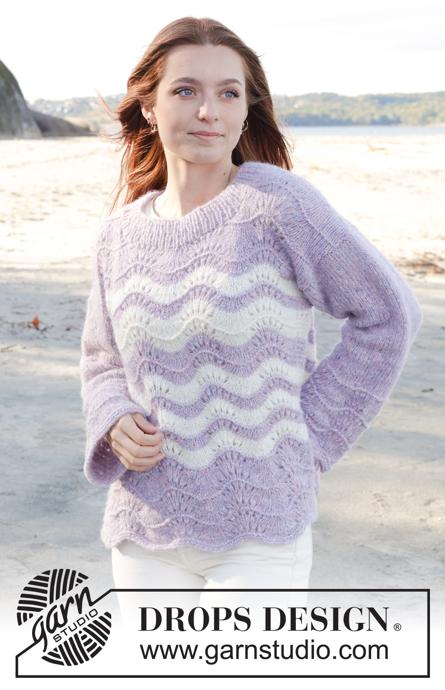 Lavender Lightning / DROPS 241-21 - Pull tricoté de bas en haut avec point de vagues et rayures, en DROPS Air. Du S au XXXL