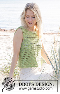 Boogie Nights Top / DROPS 241-23 - DROPS Cotton Merino lõngast alt üles heegeldatud lehvikumustriga ja lõhikutega topp suurustele S kuni XXXL