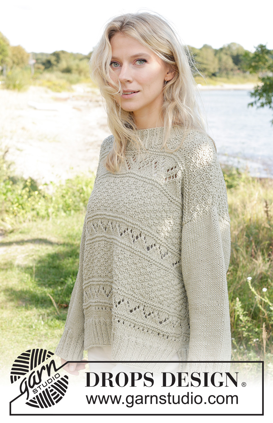 Mossy Mingle Sweater / DROPS 241-26 - Knitted sweater in DROPS Paris. Piece is knitted bottom up with lace and relief pattern. Size XS – XXL.