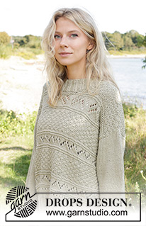 Mossy Mingle Sweater / DROPS 241-26 - Knitted sweater in DROPS Paris. Piece is knitted bottom up with lace and relief pattern. Size XS – XXL.