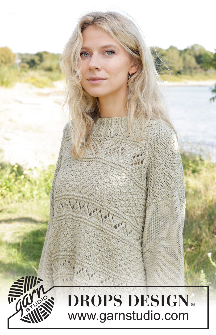 Mossy Mingle Sweater / DROPS 241-26 - Knitted sweater in DROPS Paris. Piece is knitted bottom up with lace and relief pattern. Size XS – XXL.